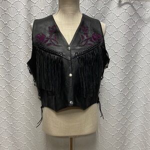 A-1 size XL Women's Black Leather Fringe Vest‎ purple roses lady rider Harley